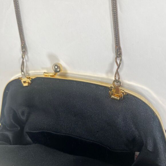 Vintage Handmade Black Velour Beaded Evening Bag Kiss Lock Purse Gold Chain - Picture 4 of 11